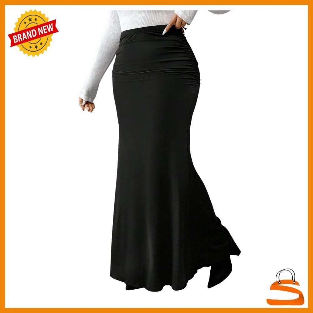 Plus Size Fishtail Knitted Skirt High Waisted Ruched Maxi Bodycon